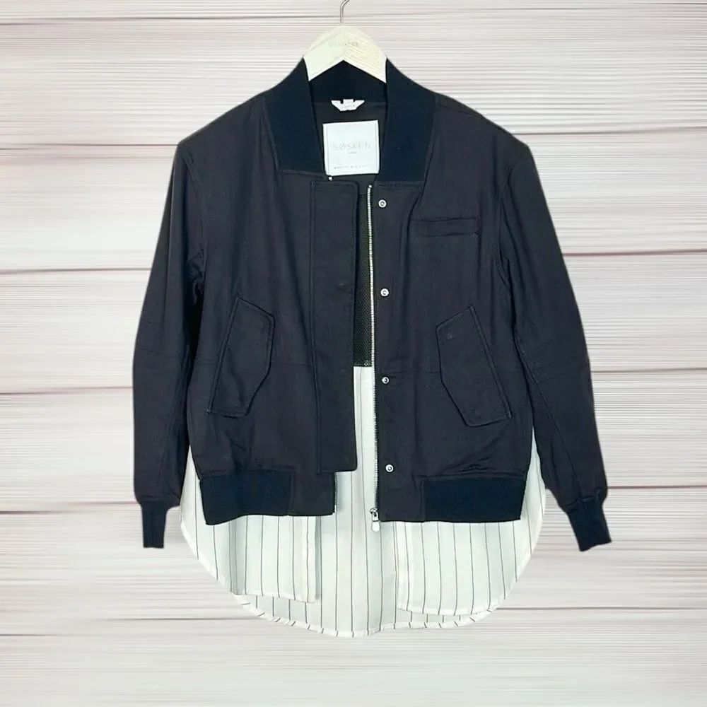 Sosken Charcoal Bomber Layered Combo Jacket & Striped Shirt Cotton Blend size 0